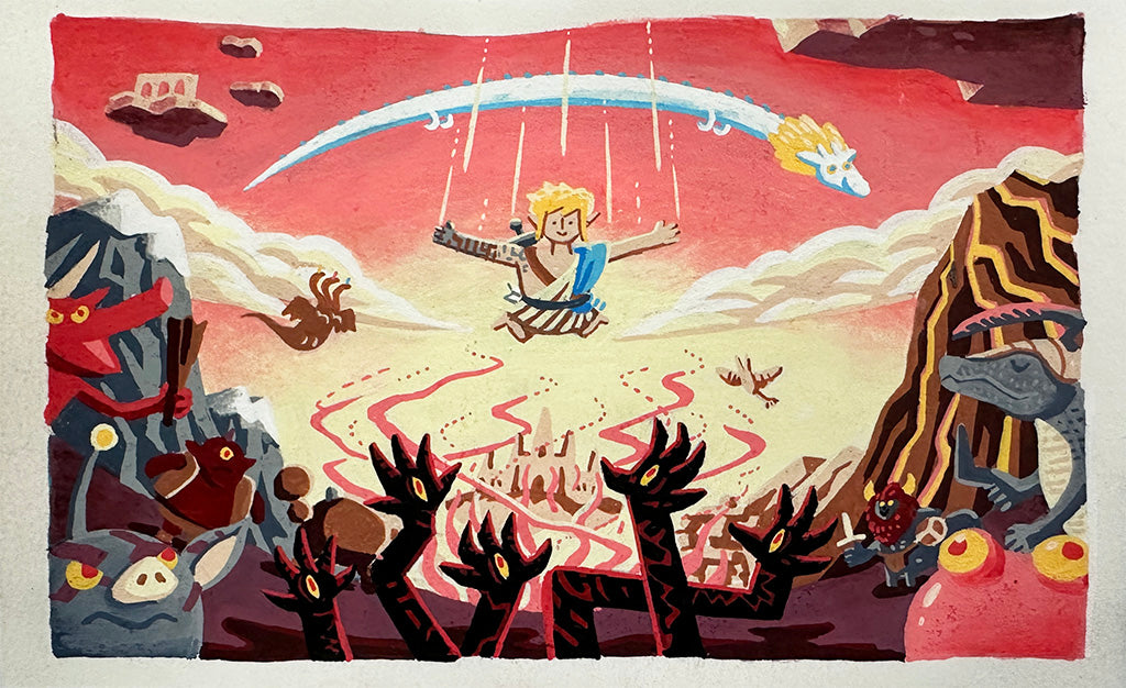 A cartoon hero swings on a rope over a lava canyon, grinning with shield and sword. Inspired by Legend of Zelda, this James Chapman artwork features dragons, claws, cliffs, and vibrant clouds in vivid acrylic pen style.