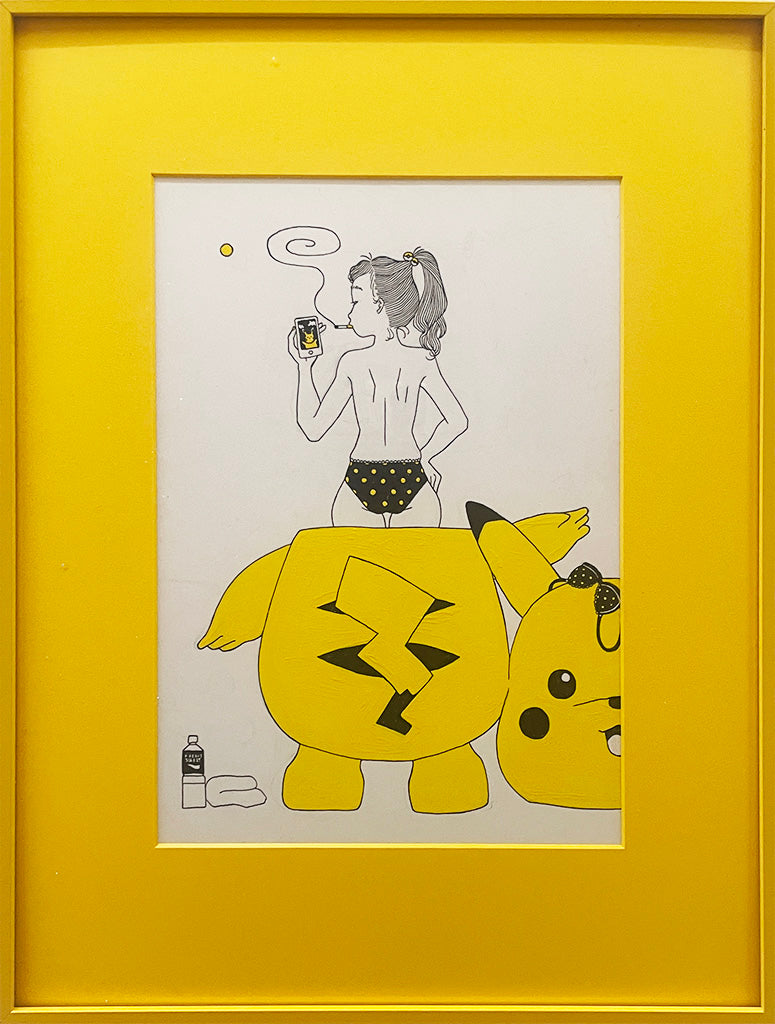 A framed Chiaki Ishimatsu illustration featuring a Pikachu Girl in polka dot underwear, holding a drink and standing inside a large hollow Pikachu suit with bold yellow accents—ideal for fans of quirky Pokemon-inspired art.