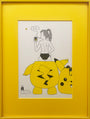 A framed Chiaki Ishimatsu illustration featuring a Pikachu Girl in polka dot underwear, holding a drink and standing inside a large hollow Pikachu suit with bold yellow accents—ideal for fans of quirky Pokemon-inspired art.