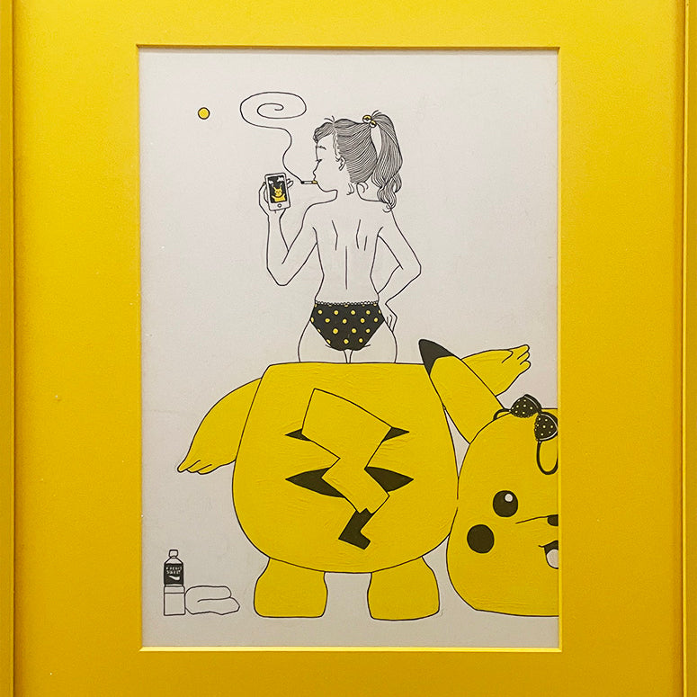 A framed Chiaki Ishimatsu illustration featuring a Pikachu Girl in polka dot underwear, holding a drink and standing inside a large hollow Pikachu suit with bold yellow accents—ideal for fans of quirky Pokemon-inspired art.