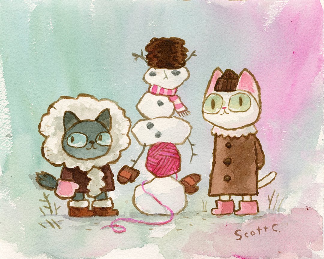 Two Chilly Cats in winter coats stand by a snowcat with a pink scarf and yarn, all set against a pastel background. Painted in Scott C.’s whimsical watercolor style, the scene exudes gentle charm.