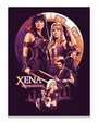 Poster art of Xena: Warrior Princess by Tracie Ching, showcasing Xena, Gabrielle, and other main characters in dynamic poses against a circular decorative backdrop with the show’s title below. Rendered in bold purple and orange tones reminiscent of vibrant screen prints, this piece channels Tracie Ching’s distinctive iconic style.