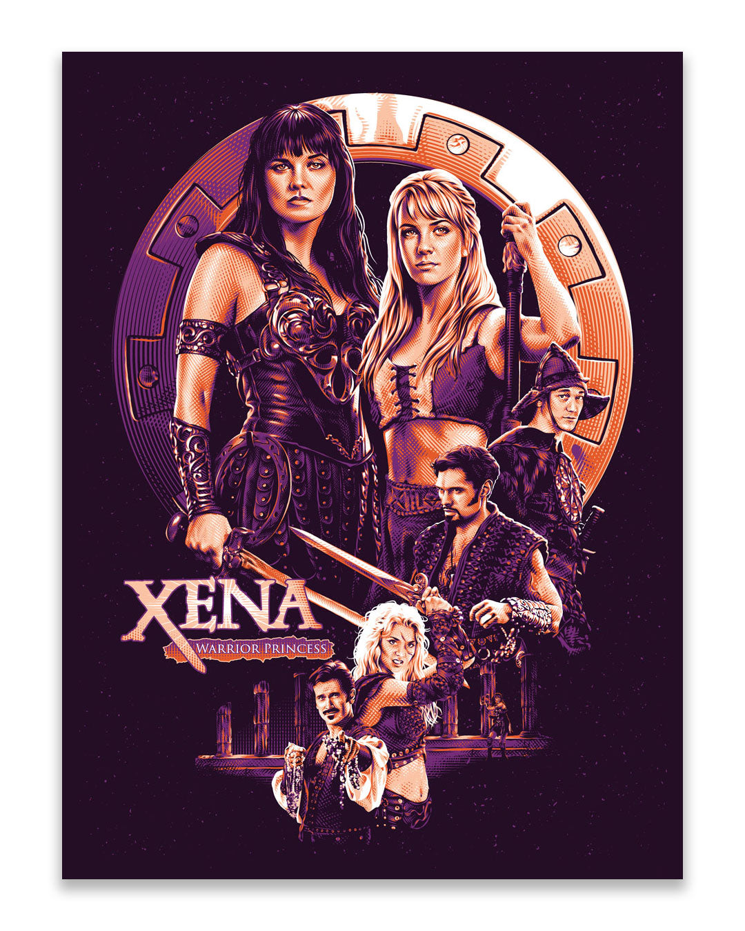 Poster art of Xena: Warrior Princess by Tracie Ching, showcasing Xena, Gabrielle, and other main characters in dynamic poses against a circular decorative backdrop with the show’s title below. Rendered in bold purple and orange tones reminiscent of vibrant screen prints, this piece channels Tracie Ching’s distinctive iconic style.