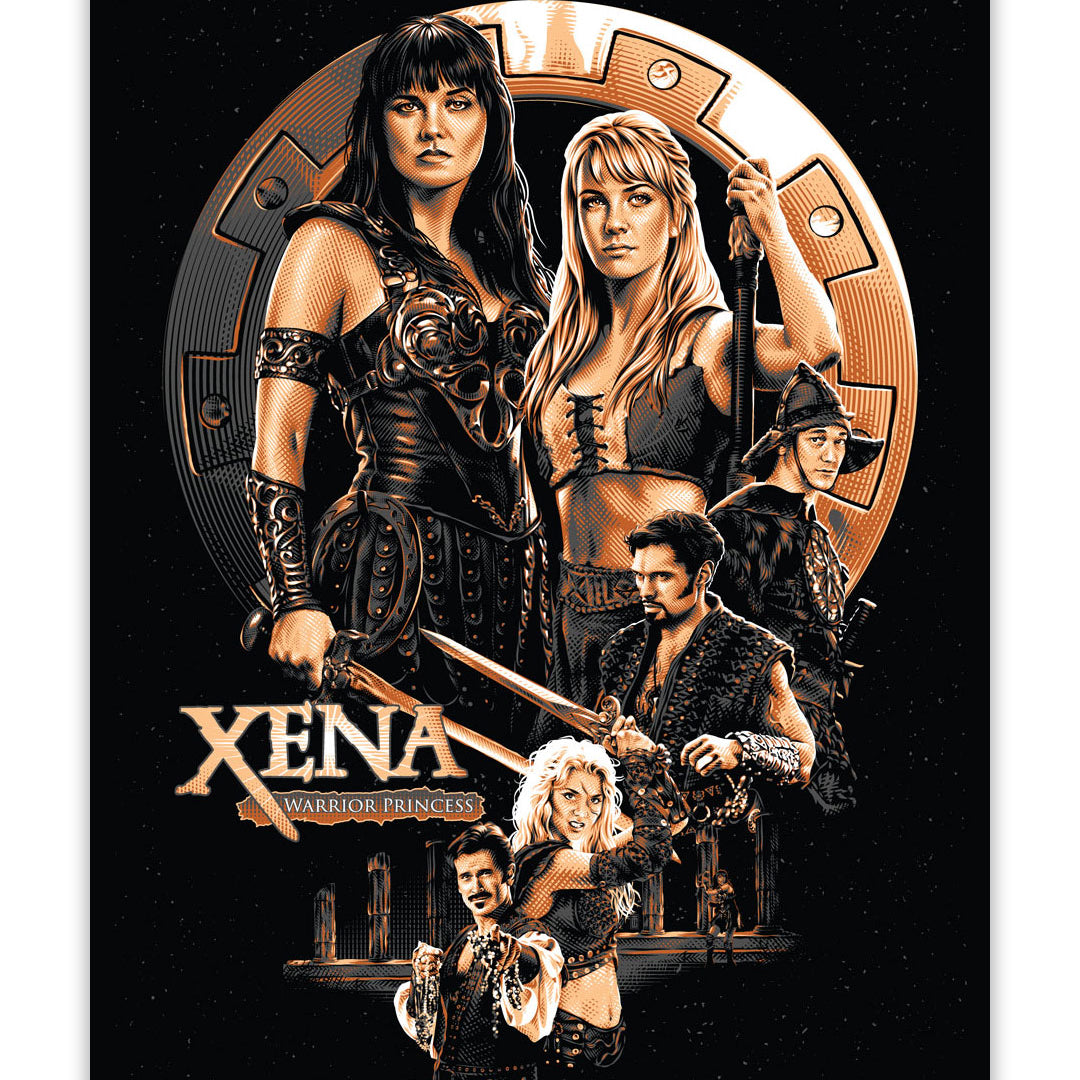 Screen print poster by Tracie Ching featuring Xena and other main characters from Xena: Warrior Princess, posed dramatically with swords against an ancient Greek-inspired backdrop. Designed in Tracie Ching’s bold signature style, this artwork captures the epic spirit of the show. Text reads “Xena Warrior Princess.”.