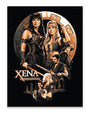 Screen print poster by Tracie Ching featuring Xena and other main characters from Xena: Warrior Princess, posed dramatically with swords against an ancient Greek-inspired backdrop. Designed in Tracie Ching’s bold signature style, this artwork captures the epic spirit of the show. Text reads “Xena Warrior Princess.”.