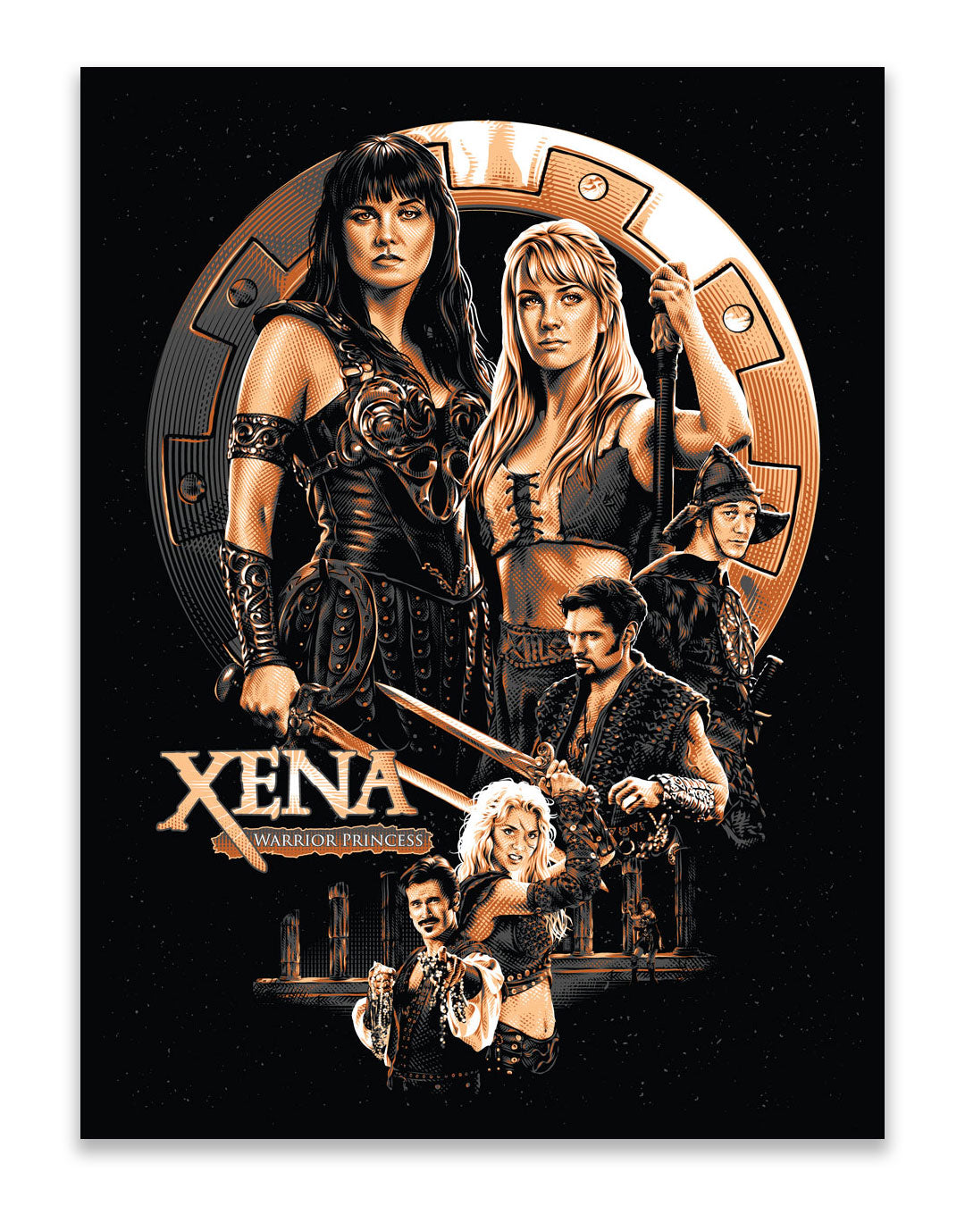 Screen print poster by Tracie Ching featuring Xena and other main characters from Xena: Warrior Princess, posed dramatically with swords against an ancient Greek-inspired backdrop. Designed in Tracie Ching’s bold signature style, this artwork captures the epic spirit of the show. Text reads “Xena Warrior Princess.”.