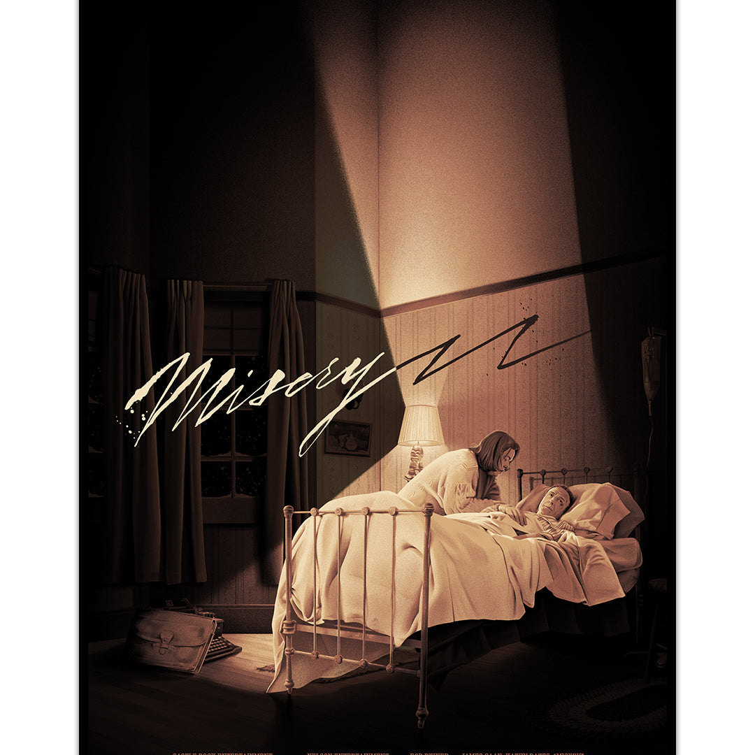 A woman stands over a man in bed as light streams down in this limited edition art screen print by Chris Koehler, titled "Misery," capturing a tense, vintage mood.