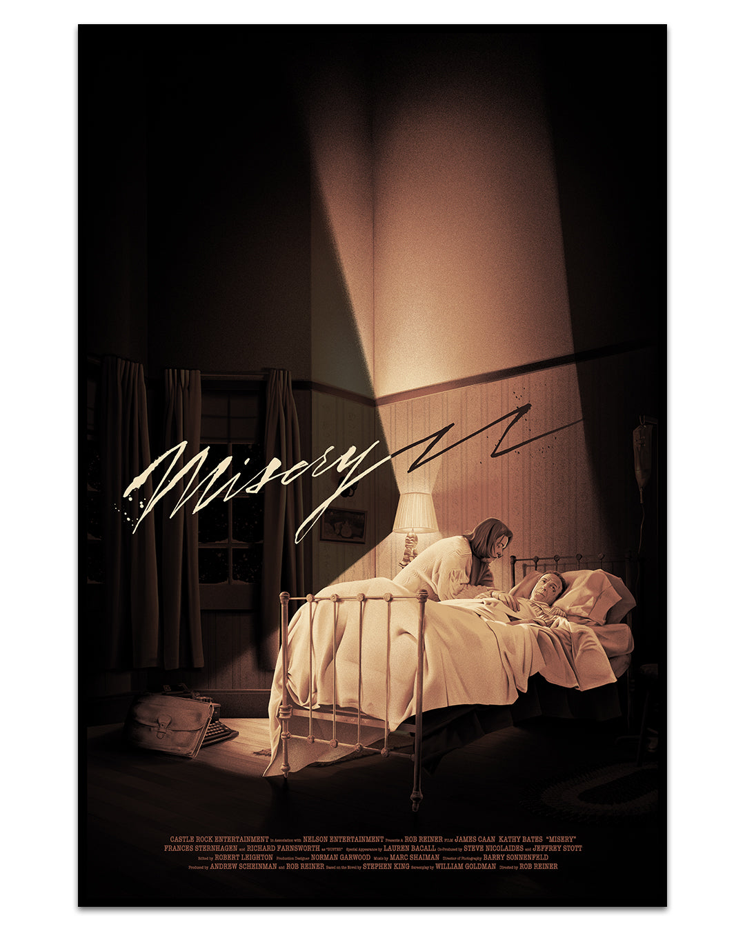 A woman stands over a man in bed as light streams down in this limited edition art screen print by Chris Koehler, titled "Misery," capturing a tense, vintage mood.