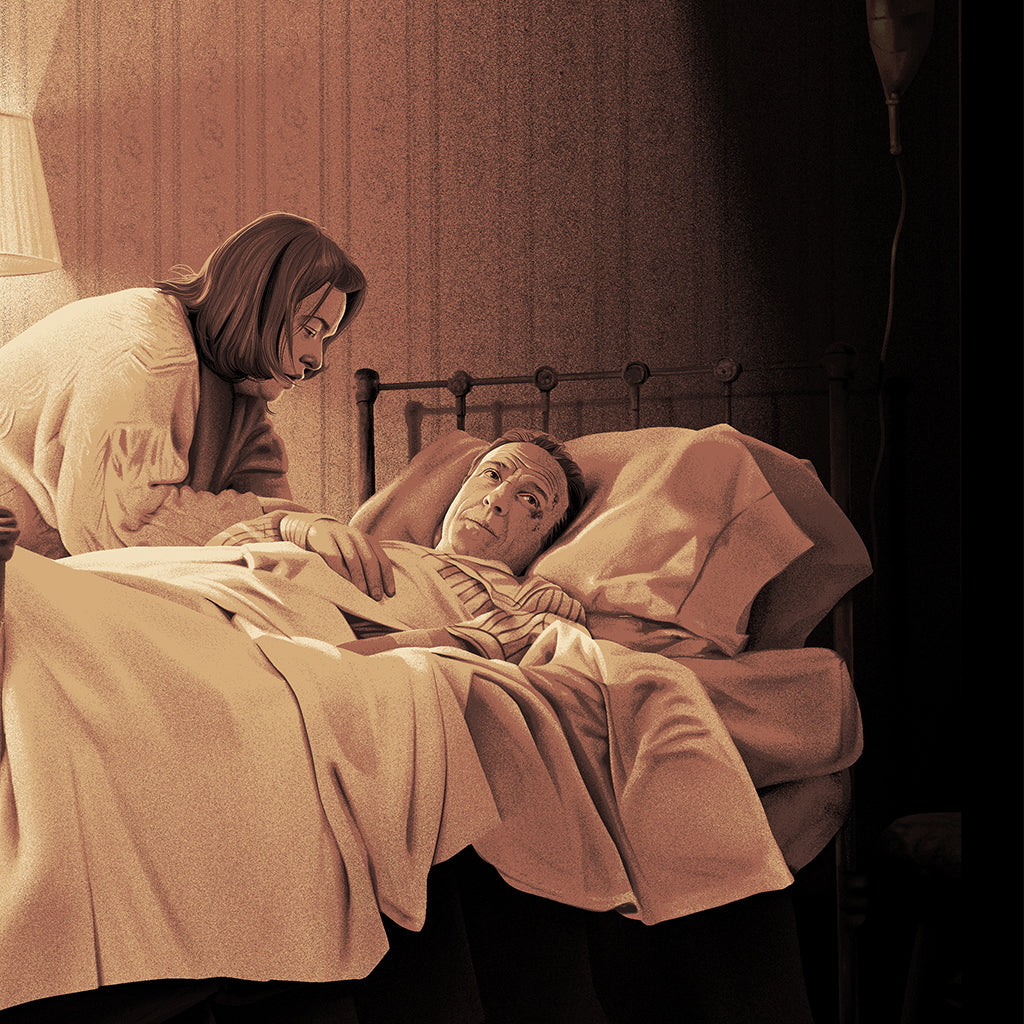 A woman leans over a man lying in bed under blankets, bathed in soft lamplight. This tender scene recalls the evocative style of the Chris Koehler limited edition screen print, "Misery.