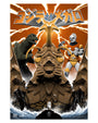 Print of Godzilla and Megalon fighting on an orange background with lightning bolts