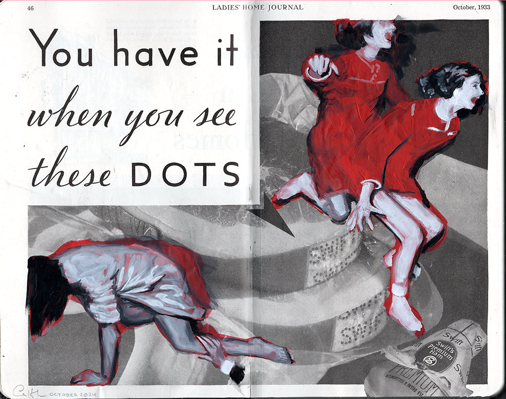 collage in an open face Moleskine notebook depicting two women in red clothing and one hunched over in gray with the text that reads: "You have it when you see these DOTS" by artist Christopher Michael Hefner