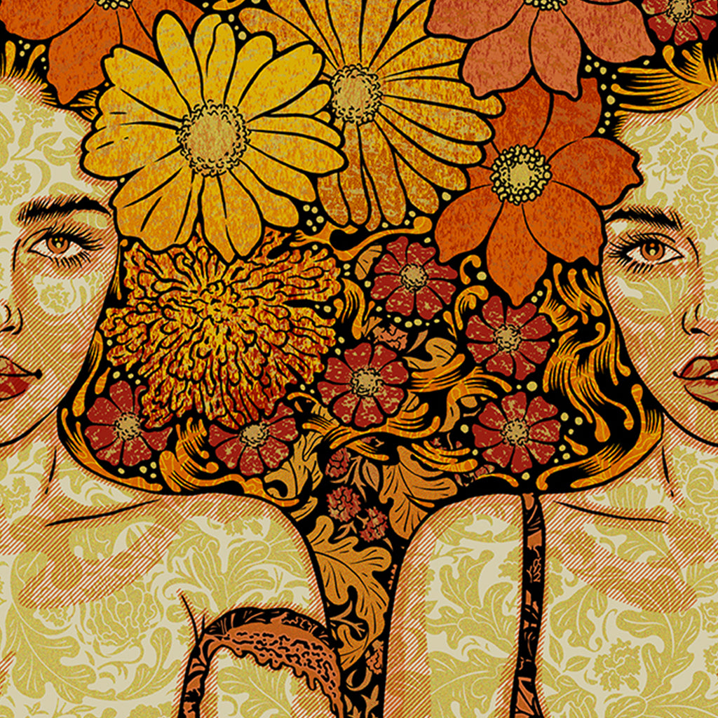 Inspired by Chuck Sperry, this illustration depicts two women with flowing hair among vivid yellow and orange flowers. The vintage style and ornate floral patterns recall the brands iconic screen print artistry.