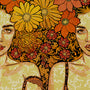 Inspired by Chuck Sperry, this illustration depicts two women with flowing hair among vivid yellow and orange flowers. The vintage style and ornate floral patterns recall the brands iconic screen print artistry.