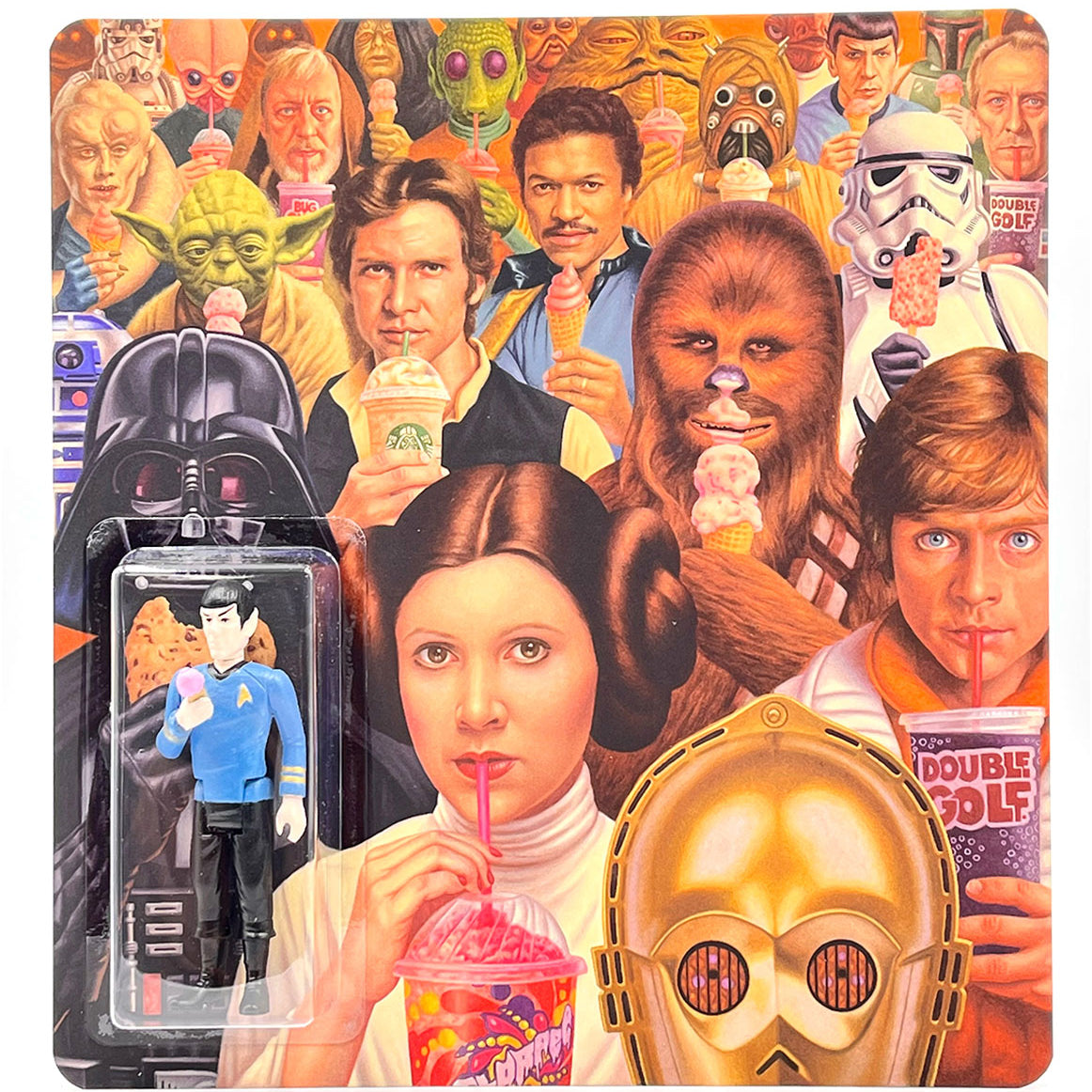 A Star Wars poster features the main characters sipping drinks, with a limited edition Alex Gross hand cast resin figure—depicting Spock from Star Trek in packaging—overlaid in the bottom left corner.