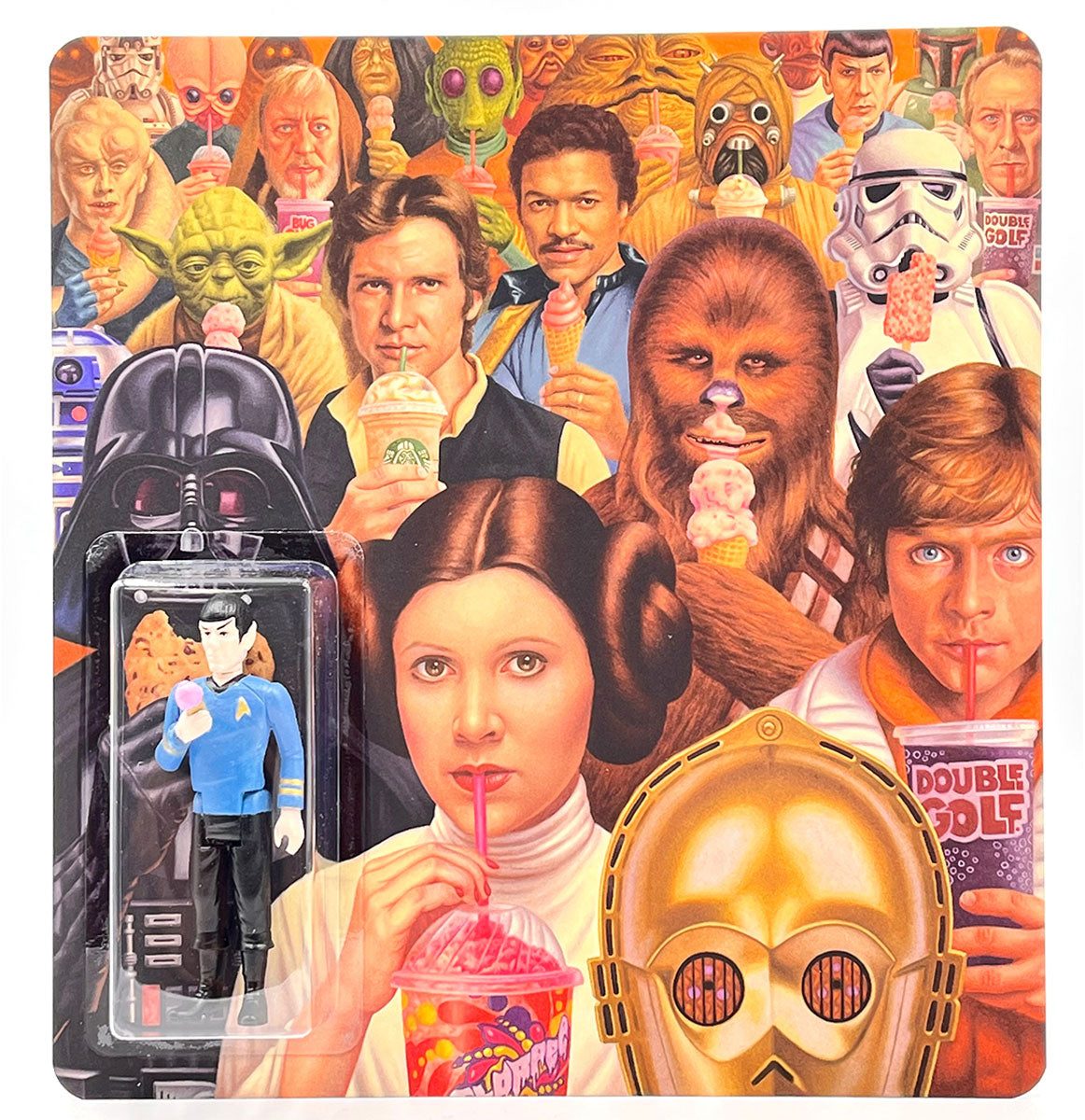 A Star Wars poster features the main characters sipping drinks, with a limited edition Alex Gross hand cast resin figure—depicting Spock from Star Trek in packaging—overlaid in the bottom left corner.