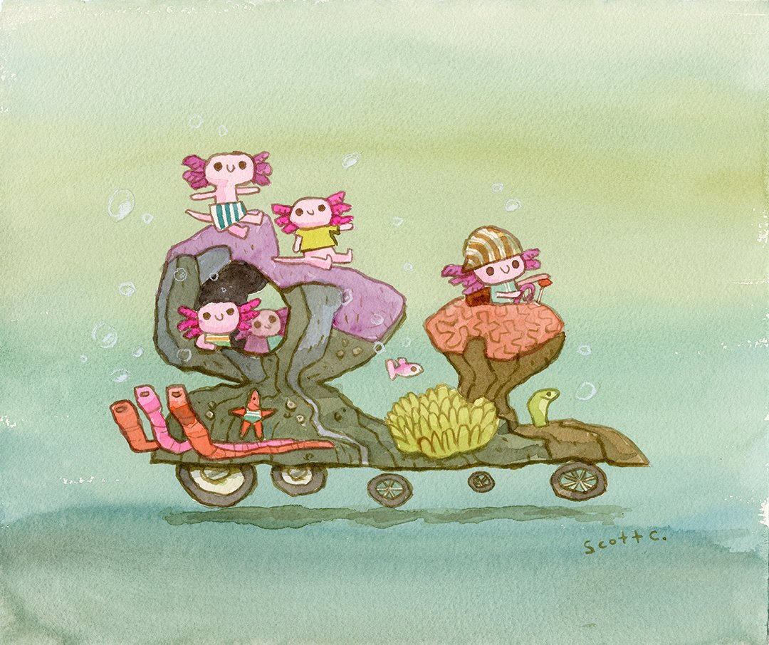 A whimsical Scott C. watercolor shows four cheerful axolotls riding a sea-themed float shaped like rocks and coral, rolling underwater among fish, pipes, seaweed, and a tiny starfish on a green-blue gradient.