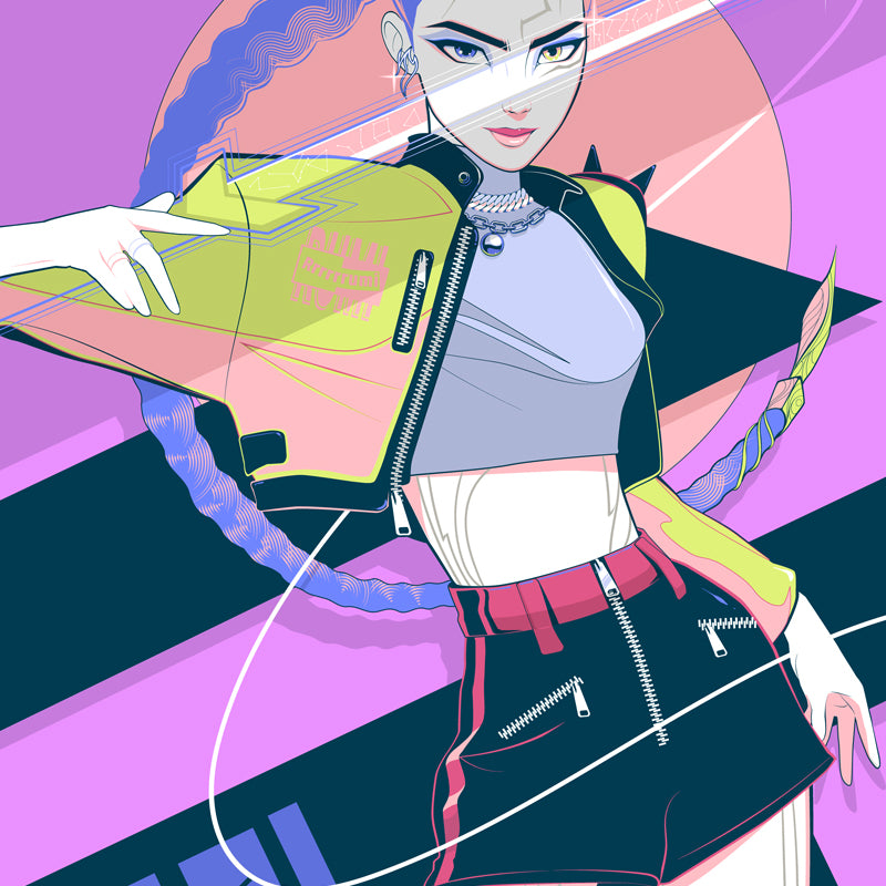 Illustration of a futuristic character with a vibrant color scheme on a purple background