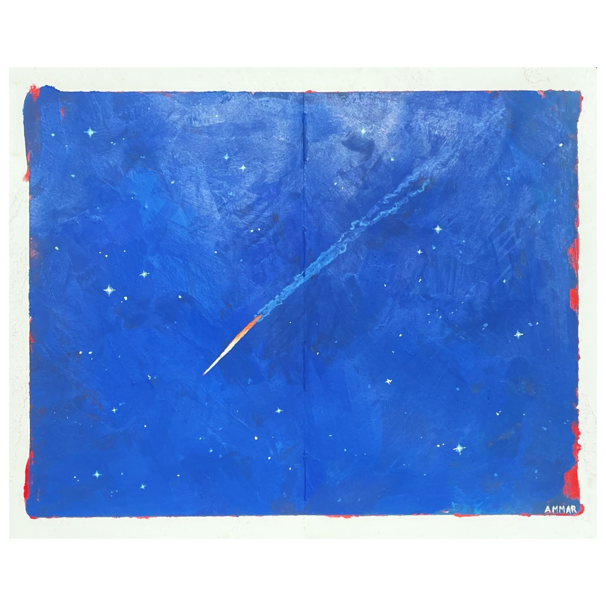 painting in an open face Moleskine notebook of a blue sky with stars scattered thoughout and a comet in the center by artist Daliah Ammar