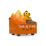 A smiling orange dumpster with "This is fine." written on it, flames billowing out, and a small cartoon dog wearing a hat sitting calmly inside—this 100% Soft Dumpster Fire vinyl figure perfectly captures the spirit of the iconic This is Fine meme in collaboration with KC Green.