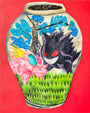 David Heo’s painting depicts a ceramic vase featuring Nidoking and Gengar battling among grass and blue trees on a vivid red background, blending traditional and modern styles in this unique Pokémon-inspired artwork.