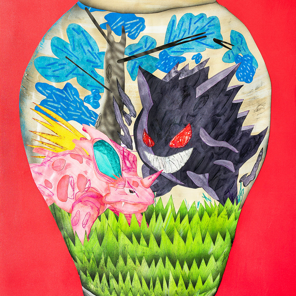 David Heo’s painting depicts a ceramic vase featuring Nidoking and Gengar battling among grass and blue trees on a vivid red background, blending traditional and modern styles in this unique Pokémon-inspired artwork.