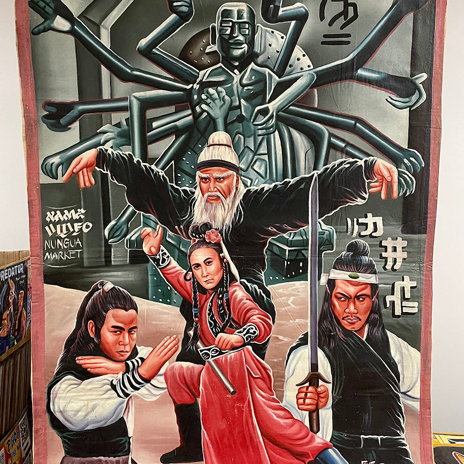 oil painting on a recycled flour sack of the movie "Eighteen Claws of Shaolin"