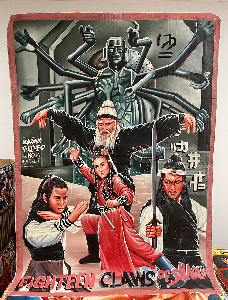 oil painting on a recycled flour sack of the movie "Eighteen Claws of Shaolin"