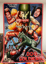 Vivid Deadly Prey movie poster for Dog Soldiers, inspired by oil and enamel art, shows a fierce anthropomorphic wolf in military gear attacking armed soldiers amid explosions, chaos, and dynamic action.