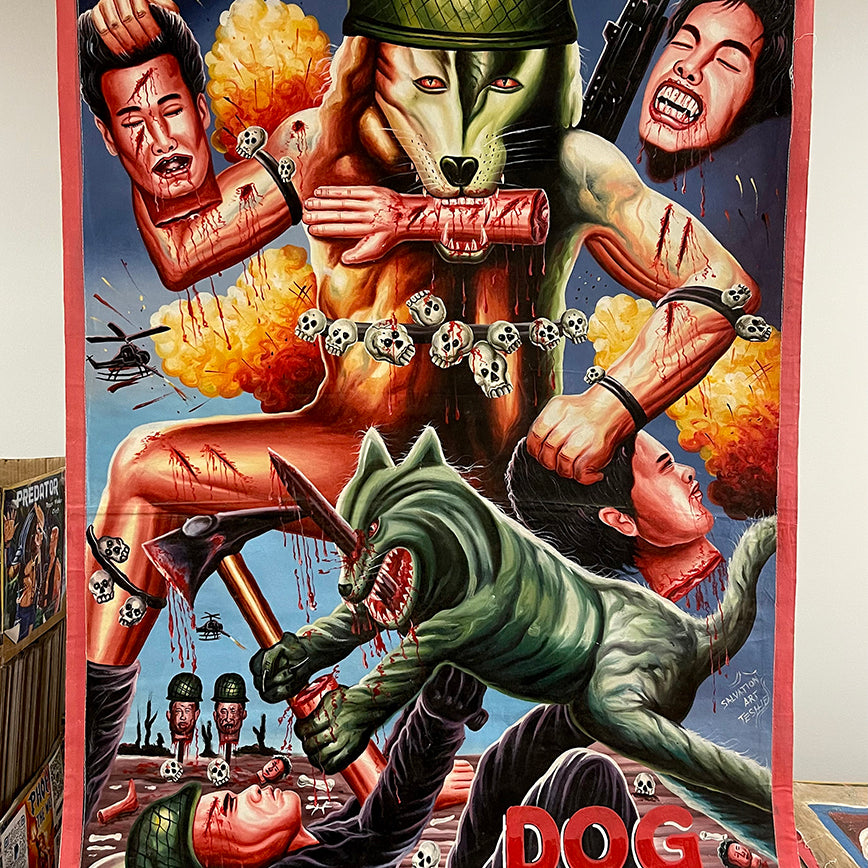 Vivid Deadly Prey movie poster for Dog Soldiers, inspired by oil and enamel art, shows a fierce anthropomorphic wolf in military gear attacking armed soldiers amid explosions, chaos, and dynamic action.