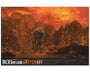 An orange-tinted illustration inspired by Mobile Suit Gundam depicts a giant robot in a forest with cliffs, faded mechs above, and Japanese/English text, resembling an archival pigment print by Dakota Randall. Small character images line the bottom.