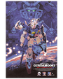 Dakota Randalls poster of Mobile Suit Gundam 0083 depicts a futuristic robot in space with Earth as a backdrop. This limited edition archival pigment print features diverse robot faces and cosmic elements, creating an adventurous scene.