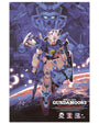 Dakota Randalls poster of Mobile Suit Gundam 0083 depicts a futuristic robot in space with Earth as a backdrop. This limited edition archival pigment print features diverse robot faces and cosmic elements, creating an adventurous scene.