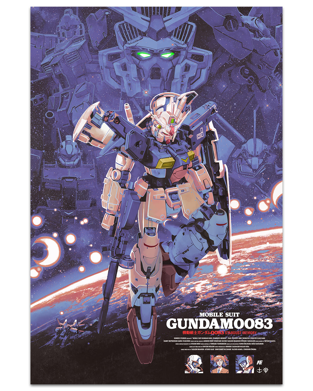 Dakota Randalls poster of Mobile Suit Gundam 0083 depicts a futuristic robot in space with Earth as a backdrop. This limited edition archival pigment print features diverse robot faces and cosmic elements, creating an adventurous scene.