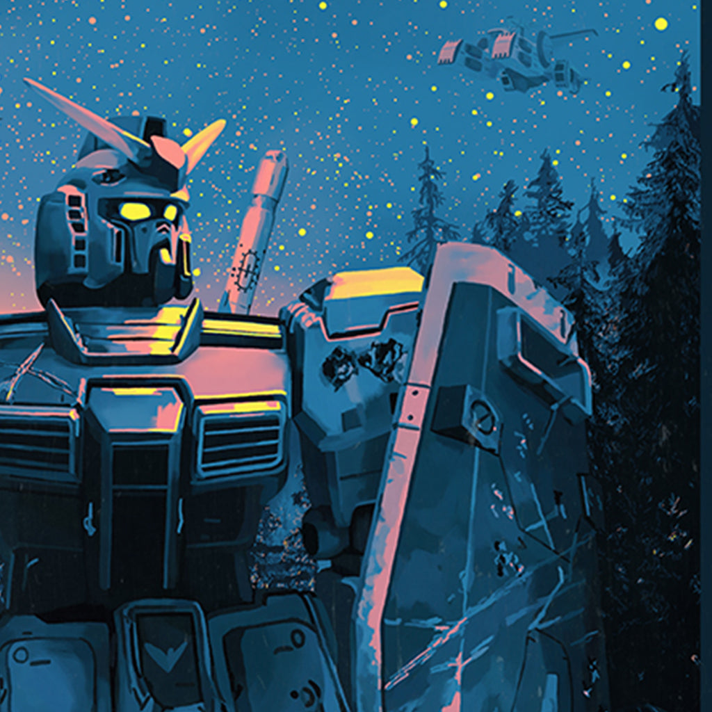 A large robot with glowing yellow eyes and accents stands in a nighttime forest, shield in hand. Stars fill the sky as a futuristic aircraft hovers overhead, capturing the epic Mobile Suit Gundam style by Dakota Randall.