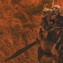A large armored knight by Dakota Randall, inspired by Mobile Suit Gundam, stands with sword in hand amid dense orange foliage and rocky terrain—an epic scene glowing with warm, intense light.