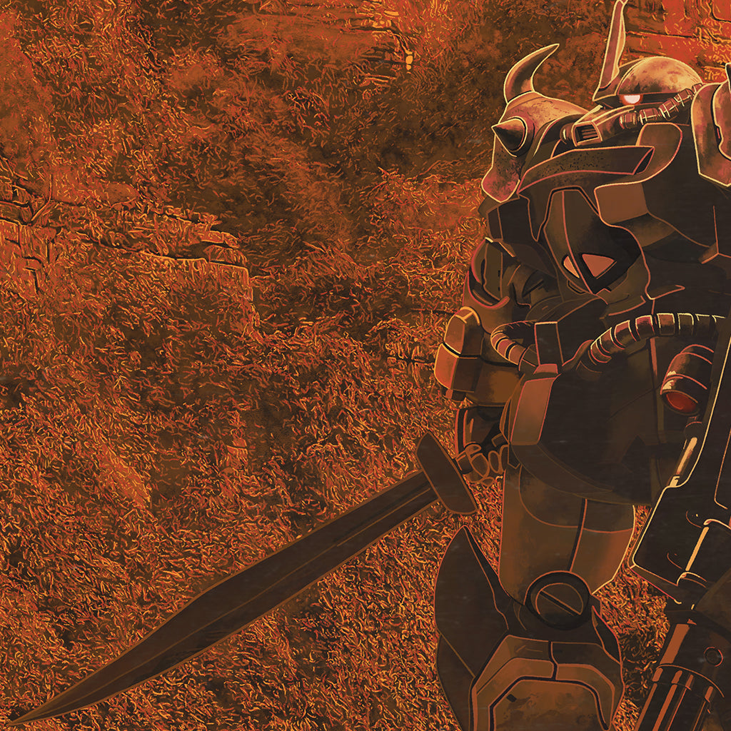 A large armored knight by Dakota Randall, inspired by Mobile Suit Gundam, stands with sword in hand amid dense orange foliage and rocky terrain—an epic scene glowing with warm, intense light.