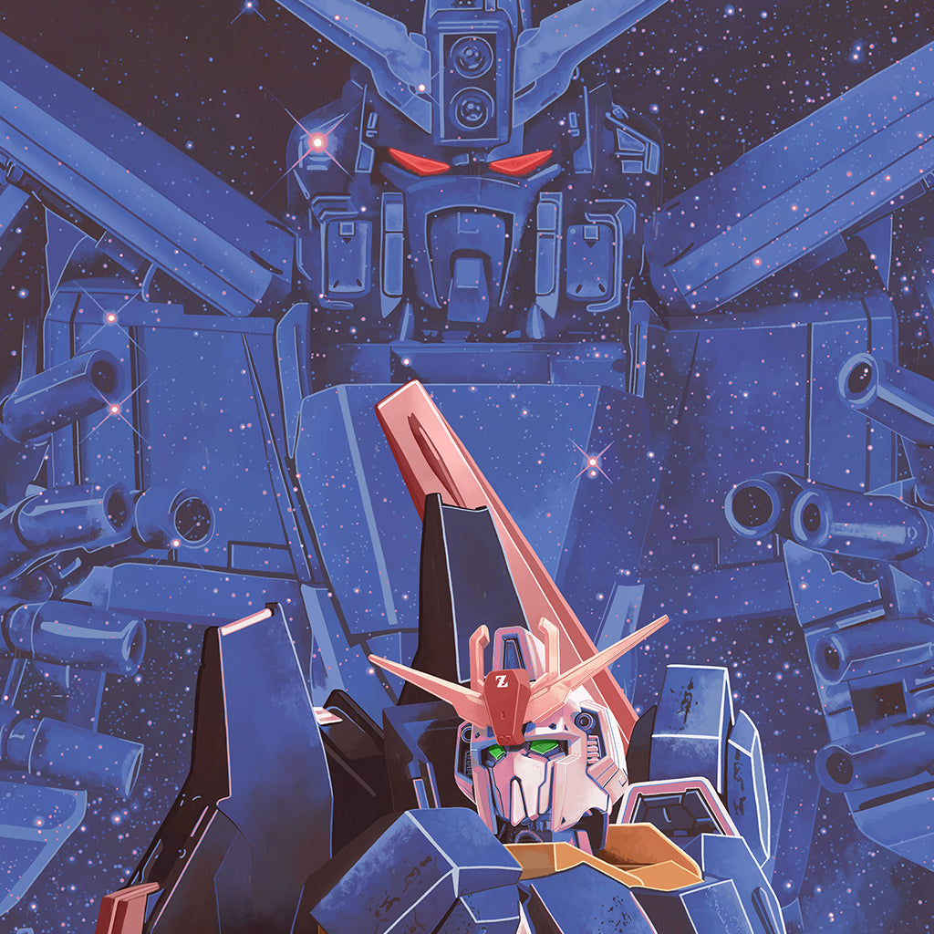 Dakota Randall’s archival pigment print depicts two large blue mechanical robots, inspired by Mobile Suit Zeta Gundam, standing in star-filled space—one with green eyes and red antenna in front, and a larger bot with red eyes behind.