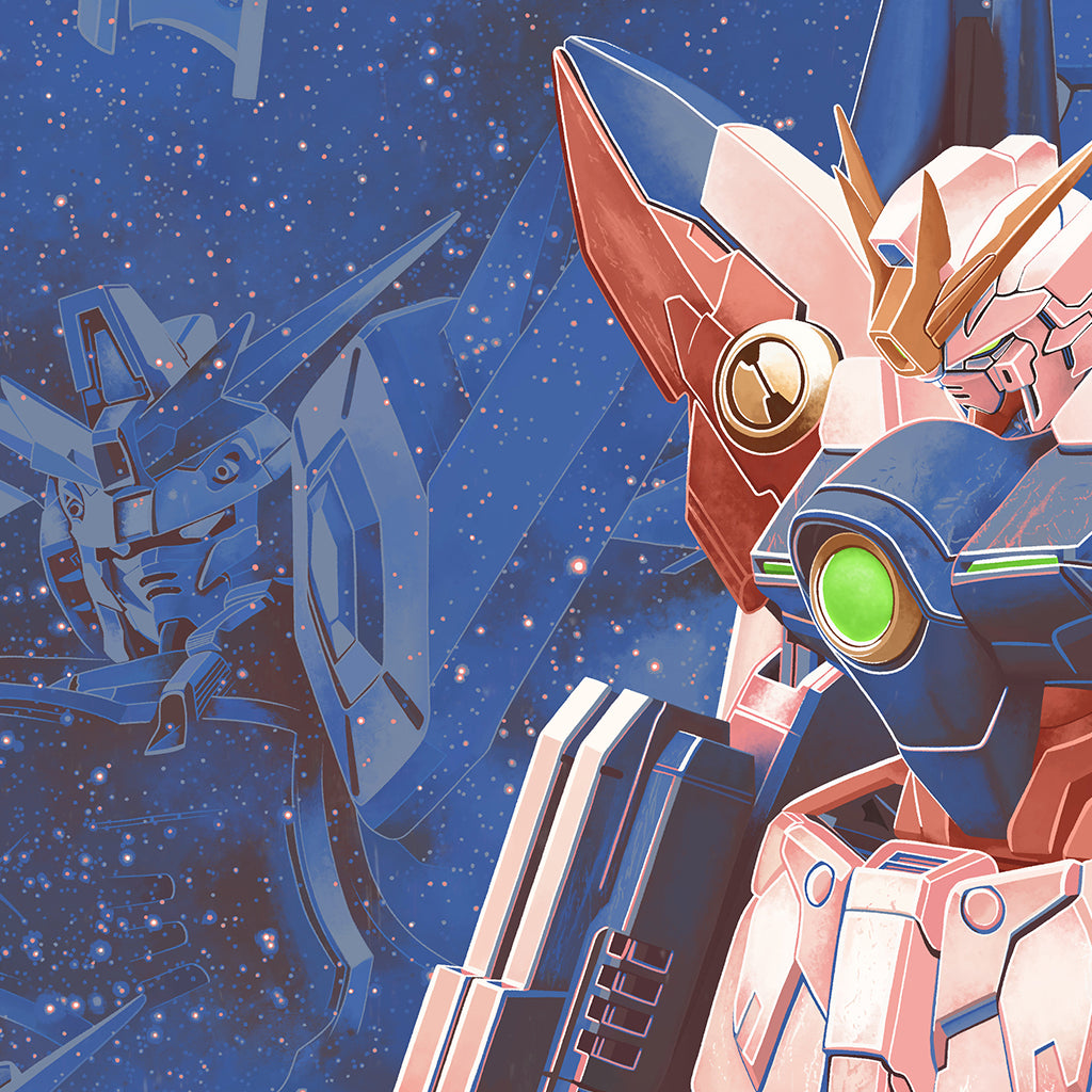 Illustration of a robot with a blue and pink color scheme against a starry space background.