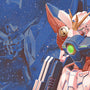 Illustration of a robot with a blue and pink color scheme against a starry space background.