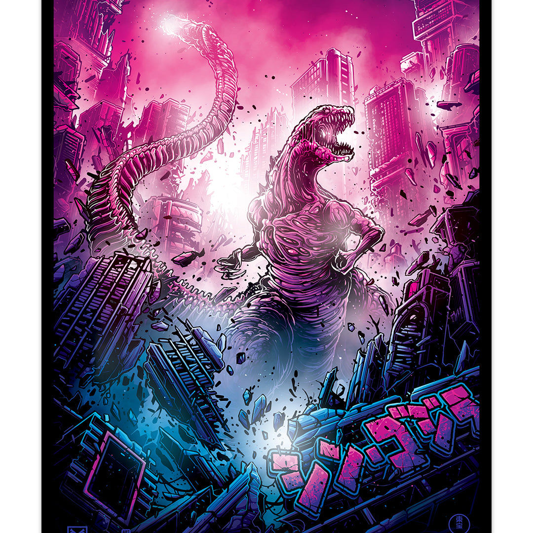 Print of Godzilla destroying a city in pink and blue tones