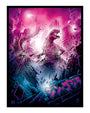 Print of Godzilla destroying a city in pink and blue tones