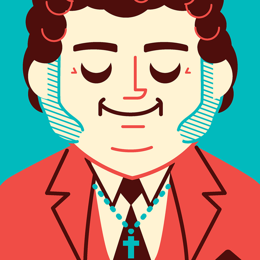 Cartoon illustration by Dave Perillo featuring a smiling man with curly hair, sideburns, and closed eyes in a red suit, black tie, and turquoise cross necklace on a teal background. Ideal for screen print or signed art collectors.