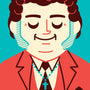 Cartoon illustration by Dave Perillo featuring a smiling man with curly hair, sideburns, and closed eyes in a red suit, black tie, and turquoise cross necklace on a teal background. Ideal for screen print or signed art collectors.