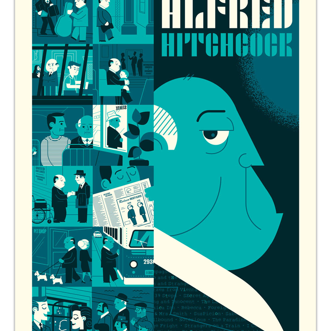 Dave Perillo’s screen print poster features Alfred Hitchcock’s face in teal, blue, and cream with comic-style panels of iconic scenes. Made for Spoke Art's 15th Anniversary Show, it displays "Alfred Hitchcock" at the top.