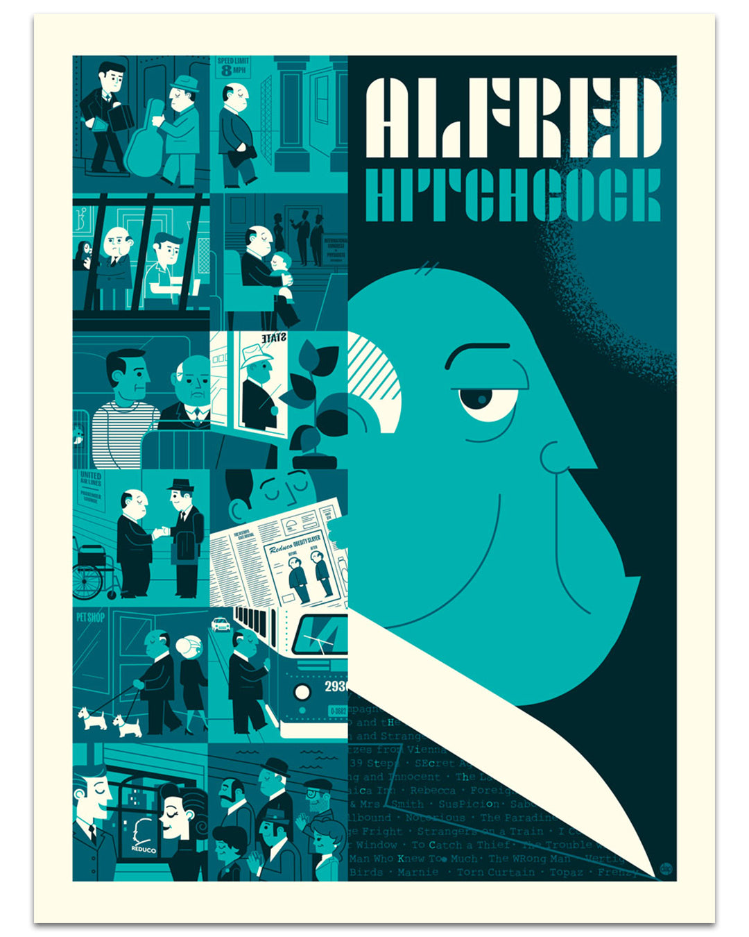 Dave Perillo’s screen print poster features Alfred Hitchcock’s face in teal, blue, and cream with comic-style panels of iconic scenes. Made for Spoke Art's 15th Anniversary Show, it displays "Alfred Hitchcock" at the top.