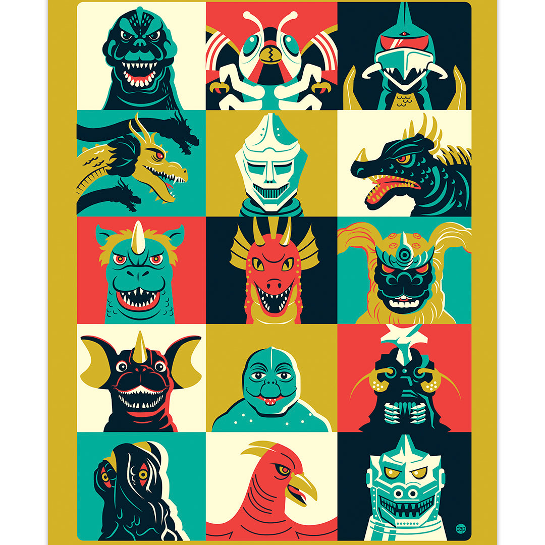 Print of several different monsters from Godzilla in boxes, 4 rows and 3 columns in green, gold and burnt orange