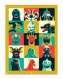 Print of several different monsters from Godzilla in boxes, 4 rows and 3 columns in green, gold and burnt orange