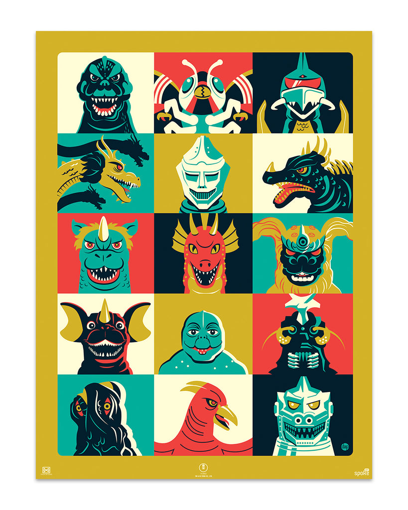 Print of several different monsters from Godzilla in boxes, 4 rows and 3 columns in green, gold and burnt orange