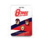 A set of three limited edition hard enamel pins by Spoke Art, each featuring stylized illustrated faces of David Bowie in iconic looks, mounted on a card with Bowie in bold red letters and a red, white, and blue design.