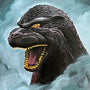 Acrylic painting of Godzilla’s head with sharp yellow teeth, glowing orange eyes, dark scales, and blue-gray misty clouds. This fierce Godzilla artwork celebrates Spoke Art’s 15th Anniversary. Brand: Spoke Art.